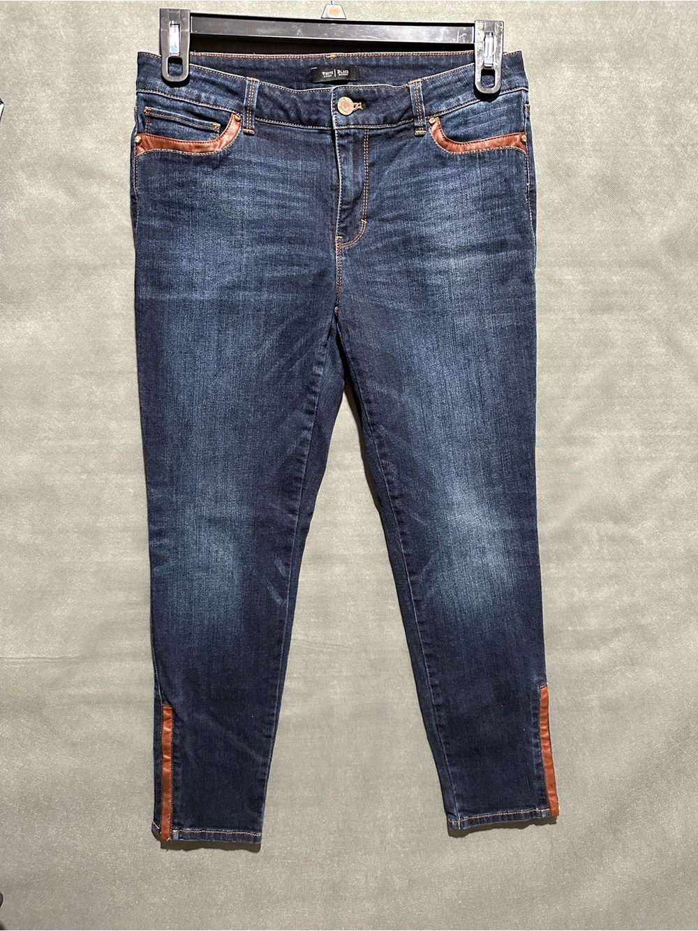White House Black Market Skimmer Jeans Faux Leather Trim Zip Ankle Blue Size 8